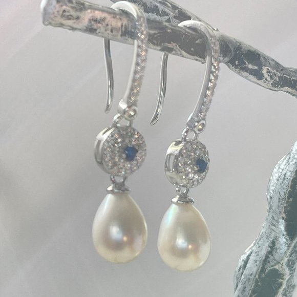 Vintage Style 925S Zirconia And Real Freshwater Drop Pearl Dangle Hook Earrings - Picture 11 of 14